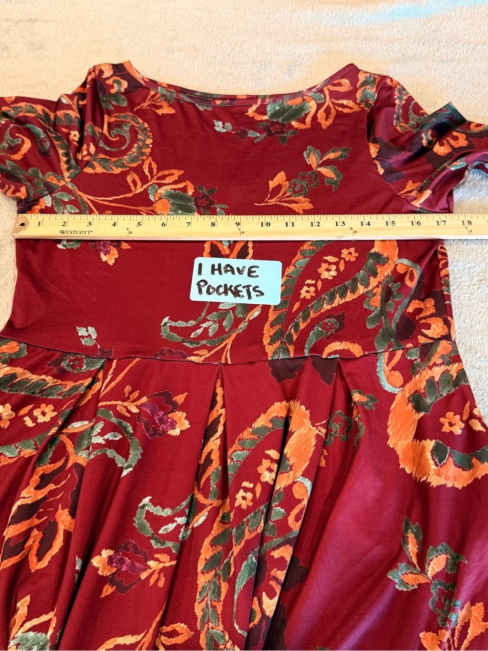 24seven Comfort Apparel Women’s Large Burgundy Paisley Long Sleeve Pocket Dress - Picture 4 of 12